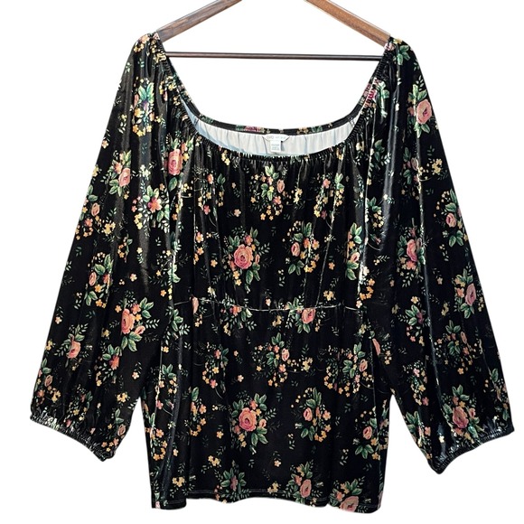Cato‎ Blouse 22W/24W Black Velvet Floral Whimsigoth Peasant Top Square Neck - Picture 1 of 10